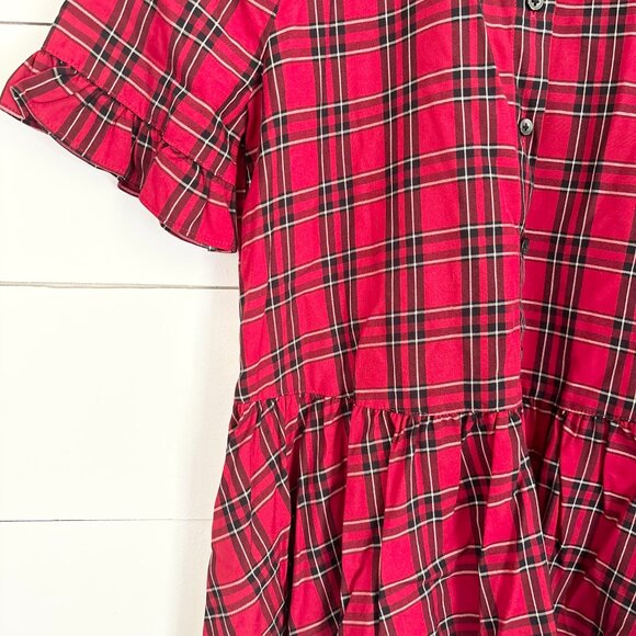 Madewell NWOT red plaid short sleeve button down 3/4 down with ruffle bottom - Picture 3 of 5